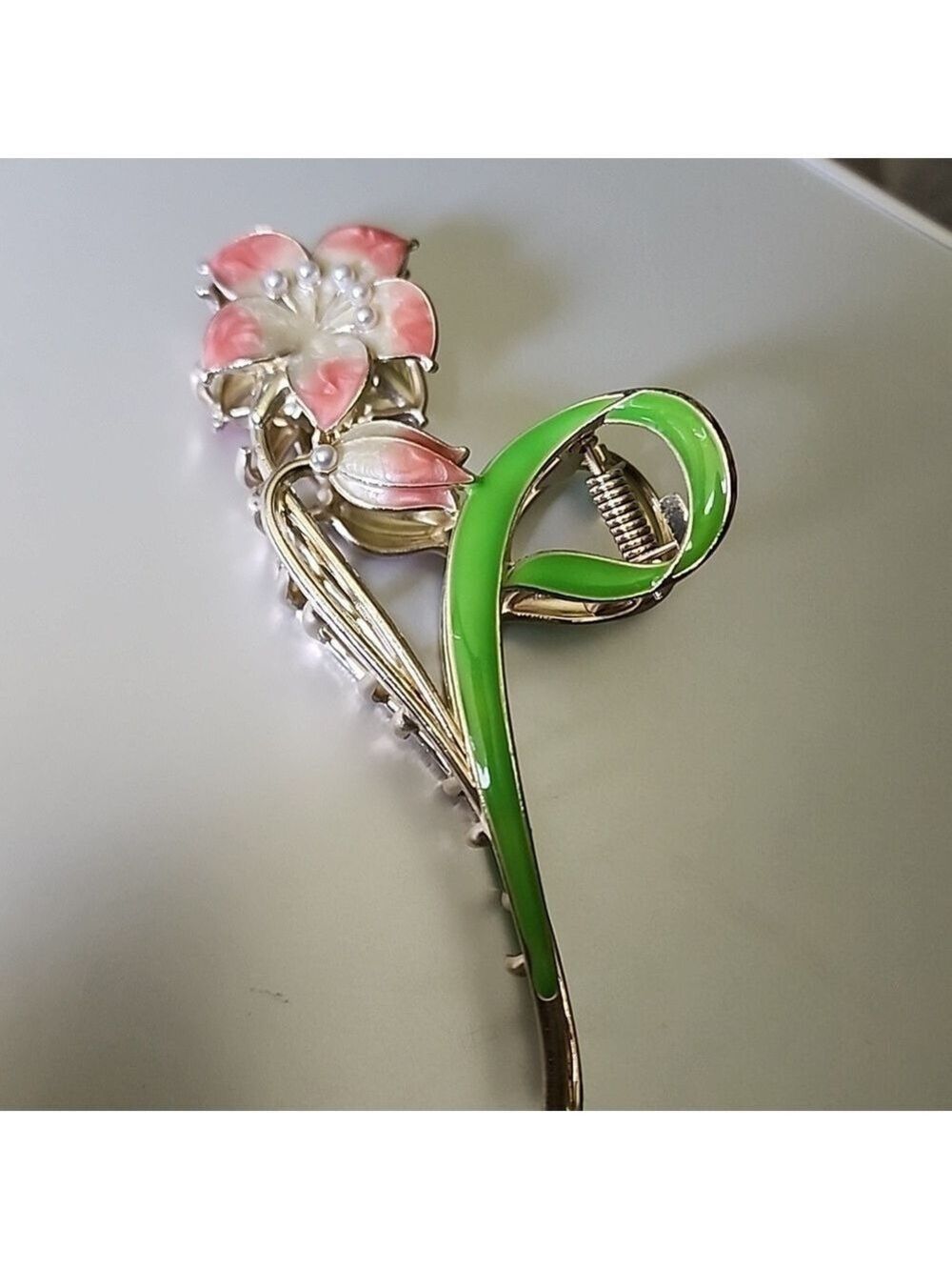 Metal Flower   Hair Claw Large  Gold Enamel PEACH